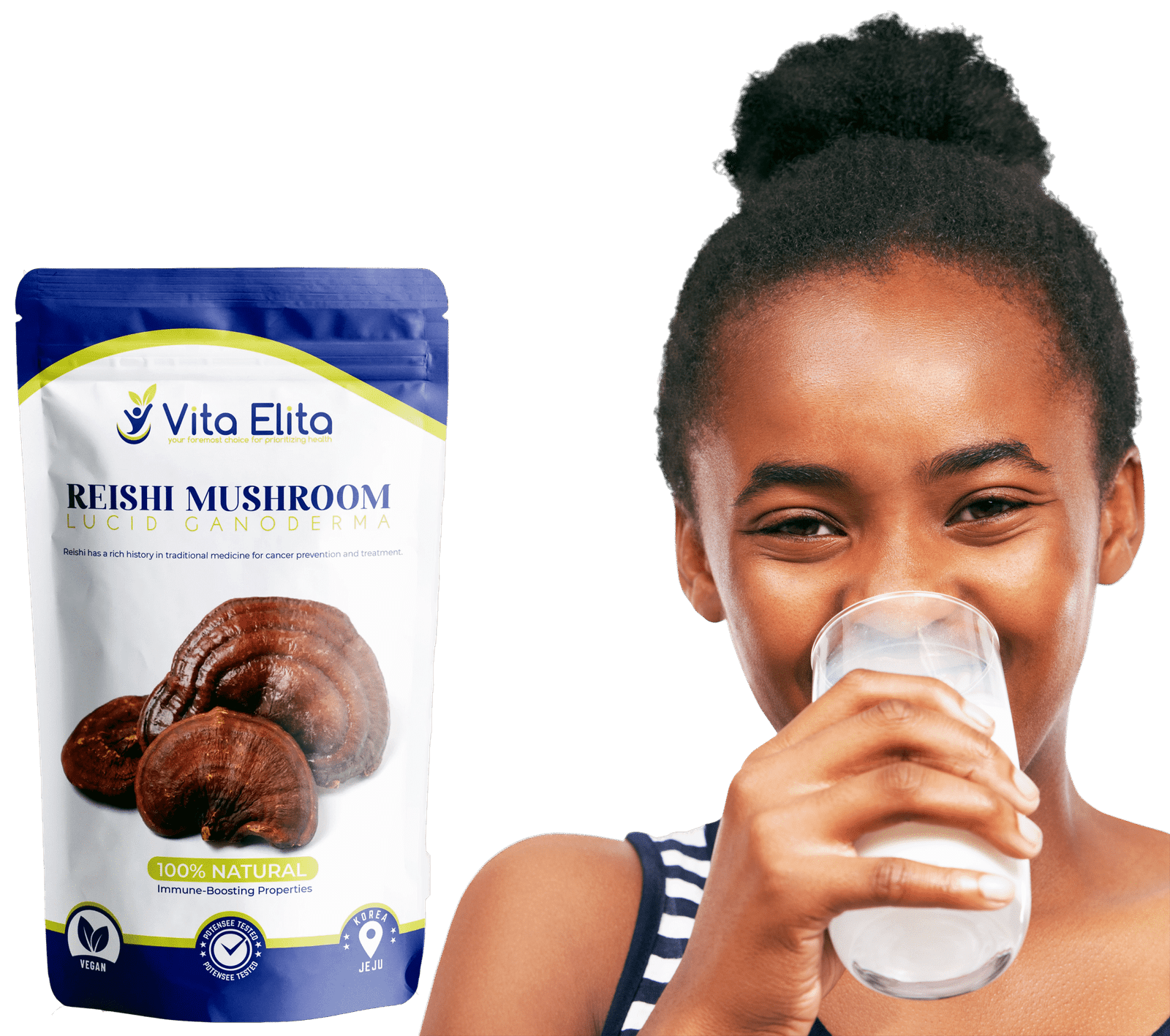 Daily Reishi Ritual – Functional Mushroom in Milk Teenager drinking milk infused with Reishi mushroom powder – natural wellness supplement use